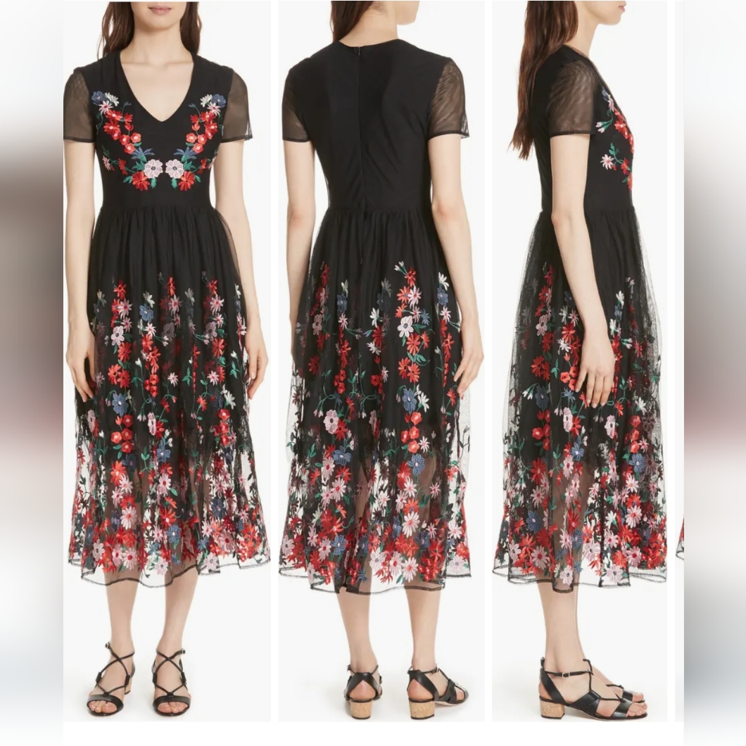 Maje Raphael Floral Embroidered Tulle Midi Dress